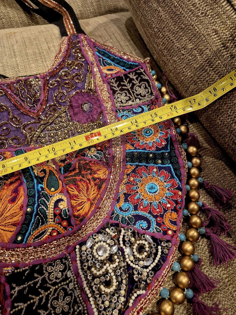 Bohemian Embroidered Purple Tassel Banjara  Shoulder Bag - Picture 7 of 16